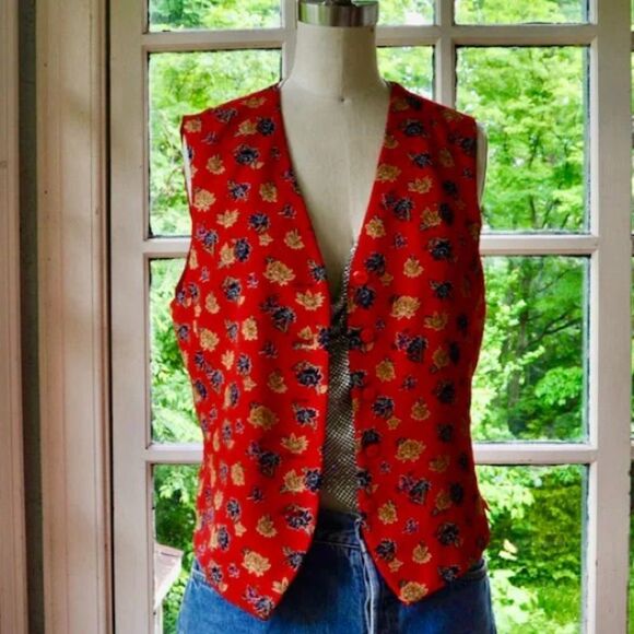 90s Vintage Floral Red Vest Silky Liz Claiborne 8 Petite - Picture 1 of 7